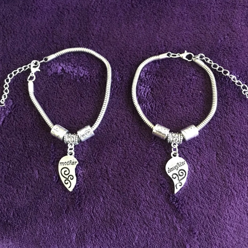 Mother and Daughter Silver-Tone Matching Heart Charm Bracelets